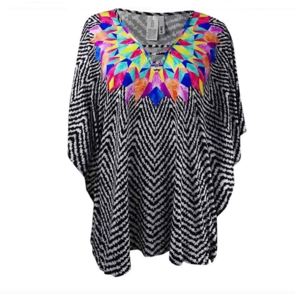 Bar III Swim Cover Up XS ‘Feathered Daze’ Caftan / Tunic AX-1950